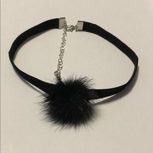 Black Velvet Choker With Black Fur Pom Pom